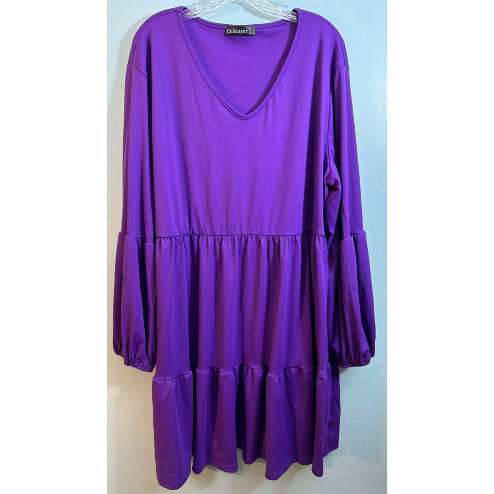 Celkuser Women's Plus Size 24 Casual Long Lantern Sleeve V-Neck Babydoll Dress